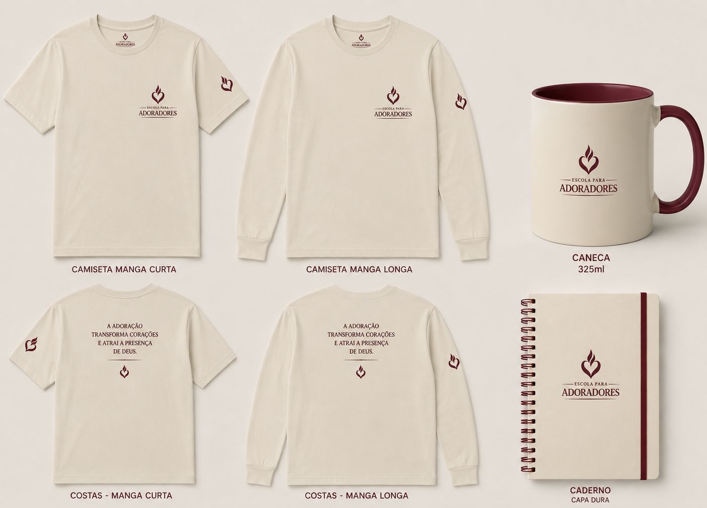 Produtos Escola para Adoradores: camiseta manga curta e longa, caneca 325ml e caderno capa dura
