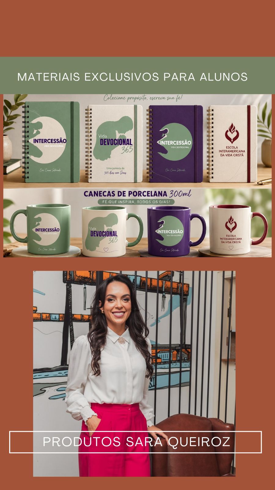 Cadernos e canecas de cada projeto